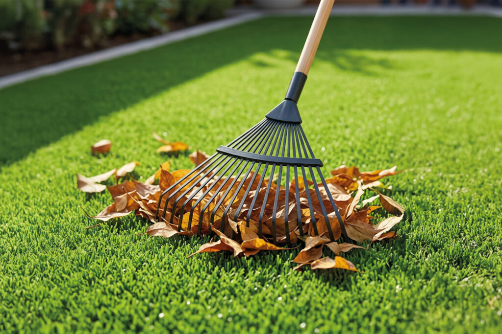 Un rastrillo cepillando hojas secas en un césped artificial