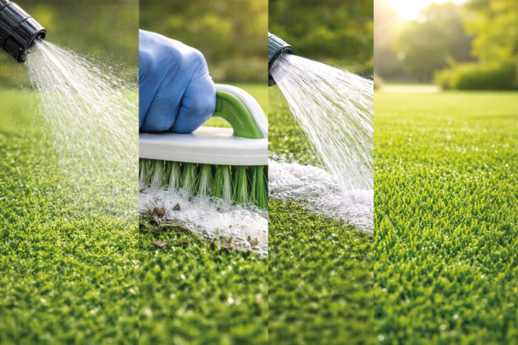 Carrusel de imágenes con los pasos a seguir para mantener el césped limpio