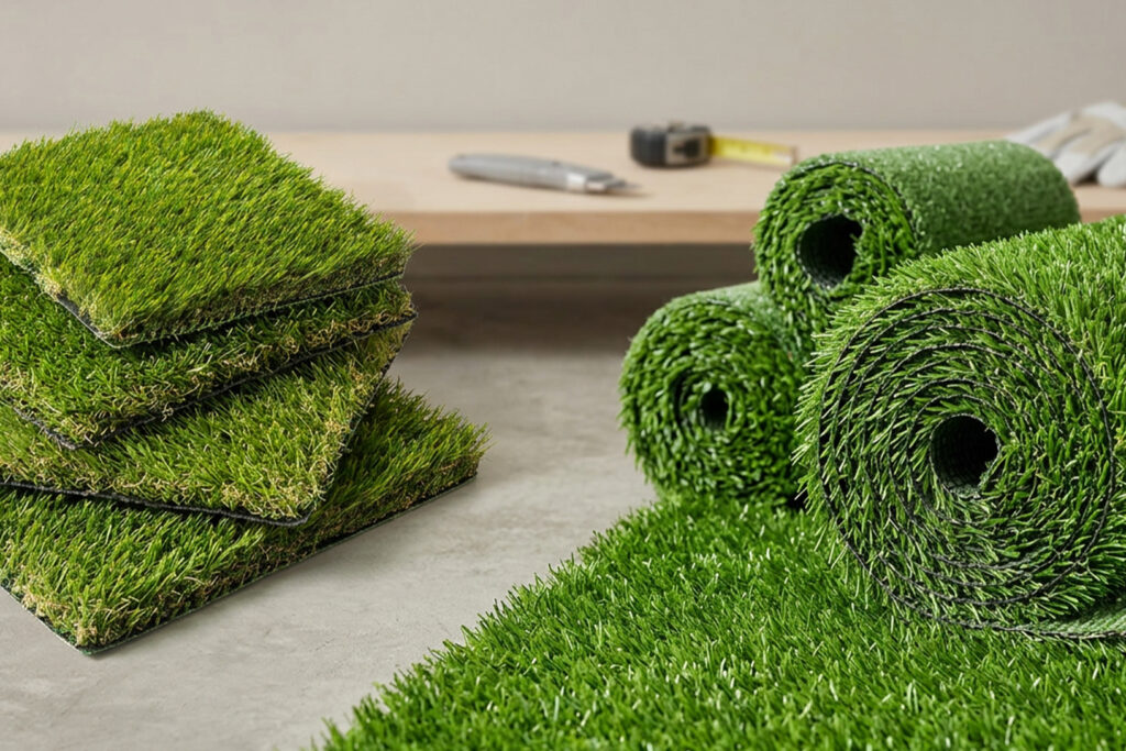 Se muestran cuadros y rollos de césped artificial