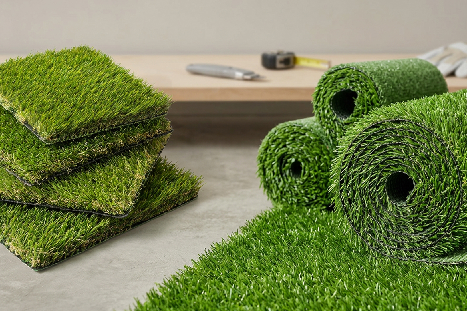 Se muestran cuadros y rollos de césped artificial